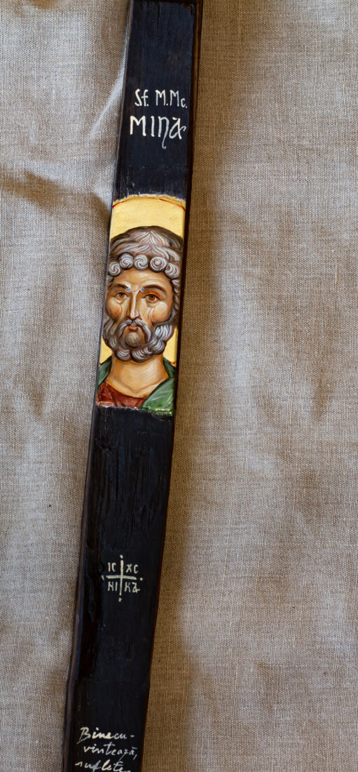 Sfântul mina- icoană pictată pe lemn vechi de doagă